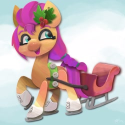 Size: 2048x2048 | Tagged: safe, artist:catscratchpaper, sunny starscout, earth pony, pony, g5, female, high res, holly, ice skating, open mouth, sleigh, snow, solo