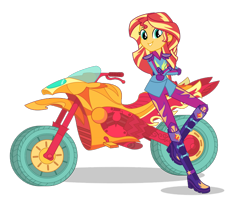 Size: 1400x1149 | Tagged: dead source, safe, sunset shimmer, equestria girls, g4, my little pony equestria girls: friendship games, official, boots, clothes, crossed arms, female, gloves, leaning, looking at you, motocross outfit, motorcross, motorcycle, raised leg, shoes, simple background, smiling, solo, transparent background, vector