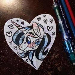 Size: 640x640 | Tagged: safe, artist:tree-spright, trixie, pony, unicorn, g4, alternate design, bust, floating heart, graph paper, heart, photo, portrait, solo, traditional art