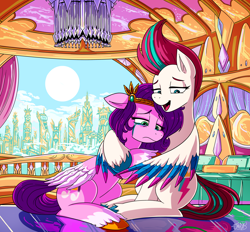 Size: 4312x4001 | Tagged: safe, artist:jowyb, pipp petals, zipp storm, pegasus, pony, fanfic:how to hug your pegasis, g5, absurd resolution, bedroom, comforting, commission, commissioner:navelcolt, crying, duo, fanfic, female, hug, mare, open mouth, royal sisters (g5), sad, siblings, sisters, sitting, smiling, teary eyes, winghug, wings, zephyr heights