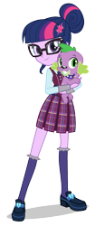Size: 838x2000 | Tagged: dead source, safe, sci-twi, spike, spike the regular dog, twilight sparkle, dog, unicorn, equestria girls, g4, my little pony equestria girls: friendship games, official, clothes, crystal prep academy uniform, duo, fangs, female, glasses, grin, holding, holding a dog, hug, looking at you, male, school uniform, shoes, simple background, smiling, socks, stockings, thigh highs, transparent background, vector