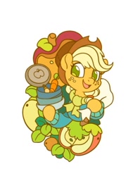 Size: 664x835 | Tagged: safe, artist:drtuo4, part of a set, applejack, earth pony, pony, g4, apple, bag, bowl, carrot, clothes, food, fruit, looking at you, scarf, simple background, solo, sweater, white background