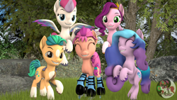 Size: 1920x1080 | Tagged: safe, artist:diamond-chiva, hitch trailblazer, izzy moonbow, pipp petals, sunny starscout, zipp storm, earth pony, pegasus, pony, unicorn, g4, g5, 3d, cute, female, g5 to g4, generation leap, male, mane five, mare, source filmmaker, stallion