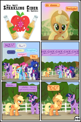 Size: 3255x4838 | Tagged: safe, artist:gutovi, applejack, fluttershy, pinkie pie, princess luna, rainbow dash, rarity, twilight sparkle, alicorn, earth pony, pegasus, pony, unicorn, comic:why me!?, g4, alternate ending, apple, bottle, cider, comic, dawn, female, food, hat, lesbian, mane six, ship:twijack, shipping, show accurate, sunlight, sweet apple acres, twilight sparkle (alicorn), yes yes yes