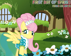 Size: 2064x1615 | Tagged: safe, artist:mihaaaa, artist:not-yet-a-brony, edit, fluttershy, pegasus, pony, g4, 2022, clothes, dress, female, flower, fluttershy's cottage, looking at you, lyrics in the description, mare, song in the description, song reference, spring, youtube link in the description
