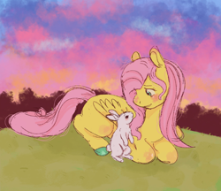 Size: 1280x1106 | Tagged: safe, artist:flurping, fluttershy, pegasus, pony, rabbit, g4, animal, blushing, colored hooves, female, grass, looking at each other, looking at someone, looking down, lying, lying down, mare, missing cutie mark, open mouth, open smile, outdoors, ponyloaf, prone, smiling, solo, stray strand, turned head, wings