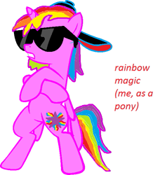Size: 561x615 | Tagged: safe, artist:rainbowmagic6444, artist:softybases, edit, oc, oc only, oc:rainbow magic, alicorn, pony, 1000 hours in ms paint, alicorn oc, base used, bipedal, cap, crossed hooves, donut steel, glasses, hat, horn, multicolored hair, ponysona, rainbow hair, simple background, solo, sunglasses, text, white background, wings