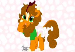 Size: 2048x1423 | Tagged: safe, artist:mommymidday, oc, oc:pumpkin breeze, kirin, :p, adult foal, clothes, cloven hooves, commission, diaper, diaper fetish, fetish, hoof on cheek, kirin oc, non-baby in diaper, raised hoof, raised tail, show accurate, simple background, solo, tail, tongue out