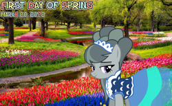 Size: 2064x1275 | Tagged: safe, artist:not-yet-a-brony, edit, marble pie, earth pony, pony, g4, 2022, clothes, dress, female, flower, garden, looking at you, lyrics in the description, mare, river, song in the description, song reference, spring, stream, tree, water, youtube link in the description