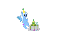Size: 6400x4800 | Tagged: safe, oc, oc only, oc:snow heart, alicorn, bat pony, bat pony alicorn, frog, pony, bat wings, cake, digital art, ear fluff, food, happy, horn, membranous wings, pineapple, simple background, transparent background, wings