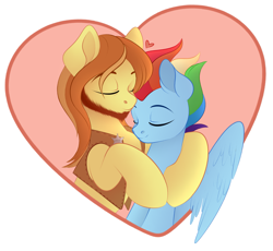 Size: 3755x3455 | Tagged: safe, artist:vetta, braeburn, rainbow dash, earth pony, pegasus, pony, g4, female, high res, hug, male, older, older braeburn, older rainbow dash, ship:braedash, shipping, simple background, straight, white background