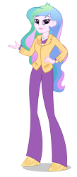 Size: 875x2000 | Tagged: dead source, safe, princess celestia, principal celestia, equestria girls, g4, official, brooch, clothes, cutie mark accessory, cutie mark brooch, female, hand on hip, jacket, jewelry, looking at you, pants, shoes, simple background, smiling, solo, transparent background, vector
