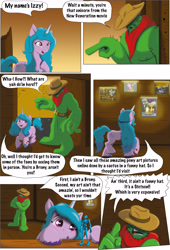 Size: 2212x3247 | Tagged: safe, artist:cactuscowboydan, izzy moonbow, oc, pony, unicorn, comic:the good the bad and the pony, g5, spoiler:g5, artwork, breaking the fourth wall, cactus, cowboy hat, cute, finger, hand, hat, high res, house, stetson, wide eyes