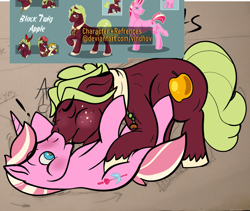 Size: 1500x1265 | Tagged: safe, artist:ashcatarts, oc, oc:black twig apple, oc:riposte, earth pony, pony, unicorn, blushing, exclamation point, eyes closed, freckles, gay, kissing, lying down, male, oc x oc, offspring, offspring shipping, on back, parent:big macintosh, parent:cheerilee, parent:princess cadance, parent:shining armor, parents:cheerimac, parents:shiningcadance, shipping, stallion