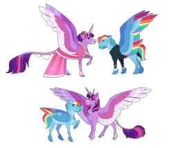 Size: 5000x4300 | Tagged: safe, artist:uunicornicc, rainbow dash, twilight sparkle, alicorn, classical unicorn, pegasus, pony, unicorn, g4, accessory, alternate design, cheek fluff, clothes, cloven hooves, coat markings, colored wings, crown, dress, eyeshadow, facial markings, female, folded wings, hoof shoes, horn, jewelry, leonine tail, lesbian, makeup, multicolored wings, neck fluff, peytral, rainbow wings, raised hoof, regalia, ship:twidash, shipping, simple background, size difference, smiling, snip (coat marking), spread wings, suit, tail, transparent background, tuxedo, twilight sparkle (alicorn), unshorn fetlocks, wings