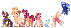 Size: 4096x1602 | Tagged: safe, artist:goldlines005, oc, oc only, pegasus, pony, unicorn, base used, female, filly, flying, foal, hair over eyes, horn, male, mare, open mouth, pegasus oc, simple background, smiling, stallion, transparent background, unicorn oc