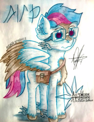 Size: 2977x3883 | Tagged: safe, artist:aldairsparkle, oc, oc:alansparks, pegasus, pony, all'swork studios, color drawing, happy, happy face, high res, pencil, pencil drawing, photo, solo, spoilers for another series, spread wings, traditional art, unknown language, wings