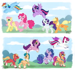 Size: 5650x5236 | Tagged: safe, artist:julunis14, applejack, fluttershy, hitch trailblazer, izzy moonbow, pinkie pie, pipp petals, rainbow dash, rarity, sprout cloverleaf, sunny starscout, twilight sparkle, zipp storm, alicorn, earth pony, pegasus, pony, unicorn, g5, my little pony: a new generation, absurd resolution, chest fluff, circlet, colored hooves, ear fluff, female, flying, jumping, looking at each other, looking at someone, male, mane five, mane six, mare, open mouth, open smile, outdoors, race swap, sash, smiling, split screen, spread wings, sprout joins the mane five, stallion, sunnycorn, turned head, twilight sparkle (alicorn), unshorn fetlocks, walking, wings