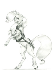 Size: 1000x1347 | Tagged: safe, artist:baron engel, applejack, earth pony, pony, g4, female, grayscale, harness, monochrome, open mouth, pencil drawing, rearing, simple background, solo, tack, traditional art, white background