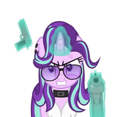 Size: 5943x5632 | Tagged: safe, artist:mrvector, starlight glimmer, pony, unicorn, g4, absurd resolution, angry, aviator sunglasses, clothes, desert eagle, female, furious, gun, horn, looking at you, magic, mare, ragelight glimmer, simple background, solo, sunglasses, transparent background, vest, weapon