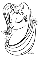 Size: 2180x3281 | Tagged: safe, artist:c.a.m.e.l.l.i.a, oc, oc:lilce, pony, unicorn, baby hair, beautiful, black and white, digital art, grayscale, high res, monochrome, simple background, white background