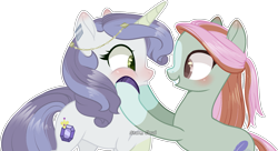 Size: 2247x1222 | Tagged: safe, artist:stormcloud-yt, oc, oc only, oc:fluff feather, oc:rareness, earth pony, pony, unicorn, base used, cheek squish, colored hooves, duo, earth pony oc, horn, offspring, parent:blue bobbin, parent:feather bangs, parent:rarity, parent:thunderlane, parents:bobbinbangs, parents:rarilane, simple background, squishy cheeks, transparent background, unicorn oc
