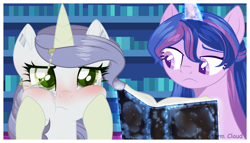 Size: 2942x1680 | Tagged: safe, artist:stormcloud-yt, oc, oc only, pony, unicorn, base used, blushing, book, cheek squish, frown, glowing, glowing horn, horn, horn jewelry, indoors, jewelry, magic, offspring, parent:flash sentry, parent:rarity, parent:thunderlane, parent:twilight sparkle, parents:flashlight, parents:rarilane, smiling, squishy cheeks, telekinesis, unicorn oc