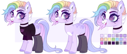 Size: 4413x1885 | Tagged: safe, artist:miioko, oc, oc only, earth pony, pony, bust, choker, clothes, earth pony oc, eyelashes, female, mare, multicolored hair, rainbow hair, reference sheet, simple background, socks, solo, white background