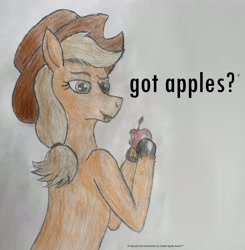 Size: 3612x3690 | Tagged: safe, applejack, earth pony, pony, g4, apple, female, food, got milk, hat, herbivore, high res, mare, text, traditional art