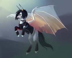 Size: 2560x2048 | Tagged: safe, artist:miurimau, oc, oc only, bat pony, pony, bat pony oc, bat wings, choker, clothes, colored hooves, flying, grin, high res, rearing, smiling, solo, spiked choker, wings