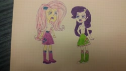 Size: 3264x1836 | Tagged: safe, artist:clumsy-starla, fluttershy, rarity, equestria girls, g4, accessory swap, belt, boots, clothes, clothes swap, fluttershy's boots, fluttershy's skirt, fluttershy's socks, graph paper, hairclip, hairpin, high heel boots, rarity's purple boots, shirt, shoes, skirt, socks, solo, traditional art