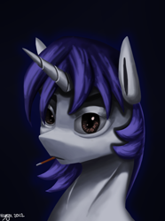 Size: 1000x1346 | Tagged: safe, artist:vezja, oc, oc only, oc:starry night (eaw), pony, unicorn, equestria at war mod, bust, cigarette, female, horn, mare, portrait, signature, simple background, smoking, solo, tired