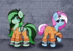 Size: 2048x1431 | Tagged: safe, artist:orbitingdamoon, oc, oc only, oc:eden shallowleaf, oc:gemstone hammerhoof, pony, unicorn, bound wings, clothes, cuffed, cuffs, duo, heterochromia, horn, horn ring, jail, prison, prison outfit, ring, unicorn oc, wall, wings