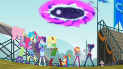 Size: 3410x1920 | Tagged: safe, screencap, applejack, fluttershy, pinkie pie, rainbow dash, rarity, sci-twi, spike, spike the regular dog, sunset shimmer, twilight sparkle, dog, equestria girls, g4, my little pony equestria girls: friendship games, boots, female, glasses, hairpin, helmet, high res, humane five, humane seven, humane six, magic capture device, male, open mouth, shoes