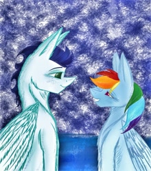 Size: 1153x1309 | Tagged: safe, artist:nightalein, rainbow dash, soarin', pegasus, pony, g4, female, looking at each other, looking at someone, male, ship:soarindash, shipping, straight, traditional art
