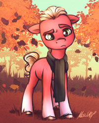 Size: 1440x1791 | Tagged: safe, artist:buttersprinkle, sprout cloverleaf, earth pony, pony, g5, my little pony: a new generation, autumn, clothes, cute, floppy ears, leaves, male, scarf, solo, sproutbetes, stallion, tree