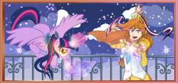 Size: 2300x1080 | Tagged: safe, artist:icy_passio, twilight sparkle, alicorn, human, elements of justice, g4, ace attorney, athena cykes, balcony, cloud, crossover, crown, female, horn, jewelry, lawyer, magic, night, regalia, twilight sparkle (alicorn)