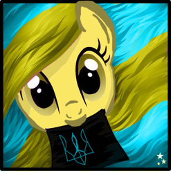 Size: 597x604 | Tagged: safe, artist:mlp1drawer, oc, oc:ukraine, earth pony, pony, looking at you, mouth hold, nation ponies, national emblem, solo, trident, tryzub, ukraine