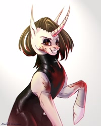 Size: 1728x2160 | Tagged: safe, artist:miurimau, oc, oc only, pony, unicorn, blood, cross, curved horn, grin, horn, latex, latex suit, makeup, smiling, solo, unicorn oc
