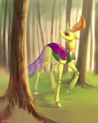 Size: 1680x2100 | Tagged: safe, artist:miurimau, thorax, changedling, changeling, g4, forest, king thorax, looking back, male, outdoors, solo, tree