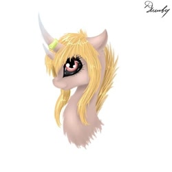 Size: 510x510 | Tagged: safe, artist:miurimau, oc, oc only, bicorn, pony, black sclera, bust, curved horn, eyelashes, female, horn, horn ring, mare, multiple horns, ring, signature, simple background, smiling, solo, white background