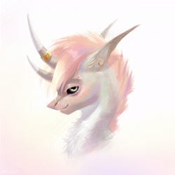 Size: 2080x2080 | Tagged: safe, artist:miurimau, oc, oc only, bicorn, pony, black sclera, bust, chest fluff, curved horn, ear piercing, earring, eyelashes, female, high res, horn, horn ring, jewelry, mare, multiple horns, piercing, ring, smiling, solo