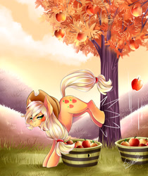 Size: 2888x3440 | Tagged: safe, artist:evanrank, applejack, earth pony, pony, g4, apple, apple basket, apple tree, applebucking, autumn, female, high res, mare, solo, tree