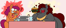 Size: 2740x1182 | Tagged: safe, artist:queenfrau, oc, oc only, oc:level 4, oc:queen frau, earth pony, pony, burger, dinner, eating, fat, female, floating heart, food, hamburger, heart, male, mare, oc x oc, plate, royalty, shipping, silly, stallion, surprised