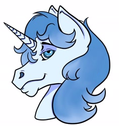Size: 1932x2048 | Tagged: safe, artist:honeyhex, oc, oc only, oc:winter solstice, horse, pony, unicorn, blue mane, bust, cute, hoers, looking at you, male, simple background, smiling, solo, stallion, white background
