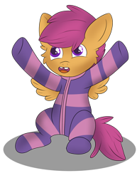 Size: 1024x1326 | Tagged: safe, artist:skyflys, scootaloo, pegasus, pony, g4, clothes, cute, cutealoo, female, filly, foal, footed sleeper, footie pajamas, onesie, pajamas, simple background, solo, transparent background