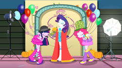 Size: 3410x1920 | Tagged: safe, screencap, pinkie pie, rarity, twilight sparkle, a photo booth story, equestria girls, g4, my little pony equestria girls: summertime shorts, balloon, bare shoulders, boots, eyes closed, fake moustache, fall formal outfits, female, hairpin, high res, shoes, sleeveless, smiling, strapless, trio, trio female, twilight ball dress