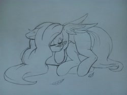 Size: 2560x1920 | Tagged: safe, artist:falses, fluttershy, pegasus, pony, g4, bed, cute, daaaaaaaaaaaw, eyes closed, feather, female, high res, legs, lying down, mare, pencil drawing, prone, simple background, sketch, sleeping, sleepy, solo, thighs, traditional art, white background, wings