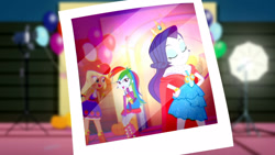 Size: 3410x1920 | Tagged: safe, screencap, applejack, rainbow dash, rarity, a photo booth story, eqg summertime shorts, equestria girls, g4, bare shoulders, belt, boots, bracelet, cape, cloak, clothes, cowboy hat, cutie mark on clothes, eyes closed, fall formal, fall formal outfits, female, hairpin, hat, high res, jewelry, laughing, open mouth, open smile, photographs, queen rarity, shoes, sleeveless, smiling, strapless, trio, trio female
