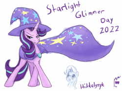 Size: 1200x900 | Tagged: safe, artist:hiddelgreyk, starlight glimmer, trixie, pony, unicorn, g4, accessory swap, brooch, cape, clothes, dynamic pose, hat, jewelry, signature, simple background, solo focus, standing, starlight glimmer day, text, the great and powerful, trixie's brooch, trixie's cape, trixie's hat, white background